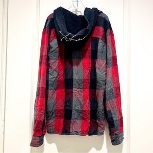 Hollister mens red gray black flannel buffalo plaid button up hooded shirt M